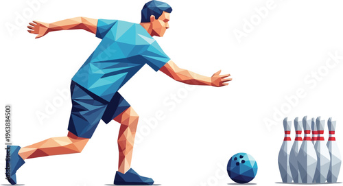 Low poly geometric vector illustration of a man bowling a blue ball towards the pins