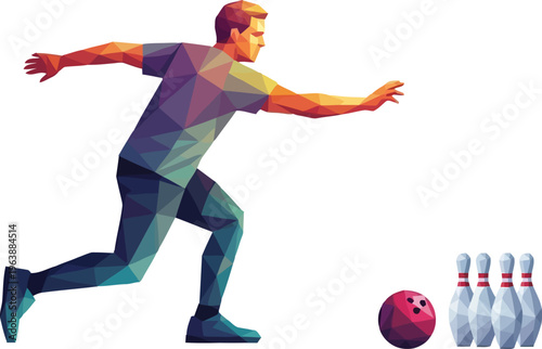 Low poly illustration of a man bowling on a white background with a ball and pins.
