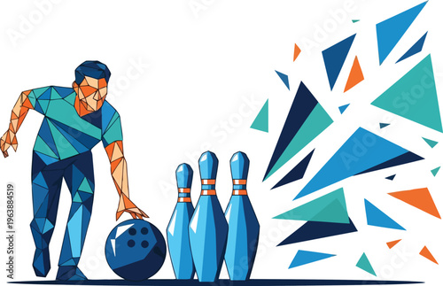 Low poly illustration of a male bowler releasing a ball towards pins with a geometric explosion