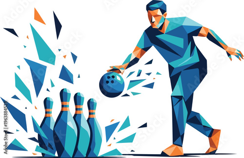 Low poly illustration of a male bowler throwing a ball at pins with a shattering effect