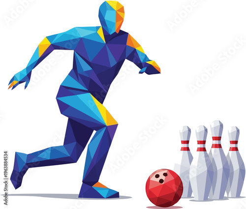 Low poly illustration of a male bowler releasing a red ball towards white pins on a white background.