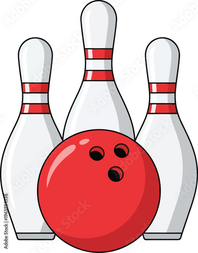 Illustration of a red bowling ball and three white bowling pins with red stripes on a white background