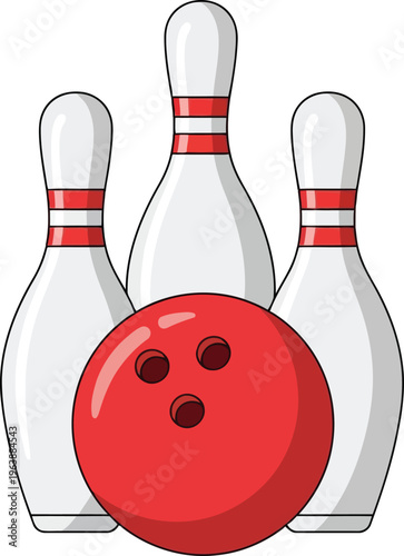 Three white bowling pins standing behind a red bowling ball on a white background.