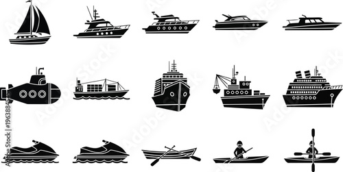 Collection of various naval vessels and boats in black and white silhouette