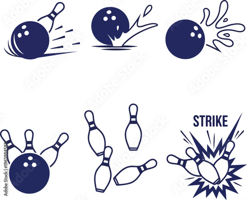 Collection of blue bowling ball and pin illustrations for sports icons and logos