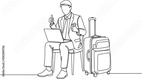 Successful Businessman Sitting With Laptop And Luggage Giving Thumbs Up During Work Travel Trip Hand Drawn Vector Illustration