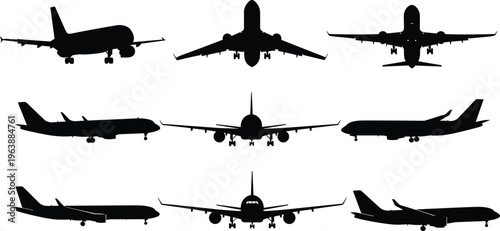 Airplane silhouettes set commercial passenger aircraft flying landing and front view aviation transport vector illustration isolated collection