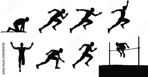 athletics running silhouette sprinter start jump hurdle track field athlete set dynamic sport vector illustration isolated black fitness concept