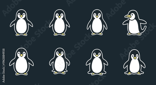 Cute Cartoon Penguin Character Set Vector Illustration
