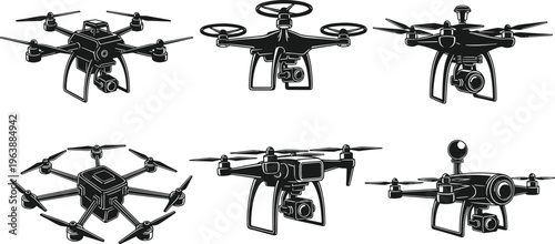 drone quadcopter silhouettes collection isolated on white background, aerial technology camera UAV flying devices vector illustration set