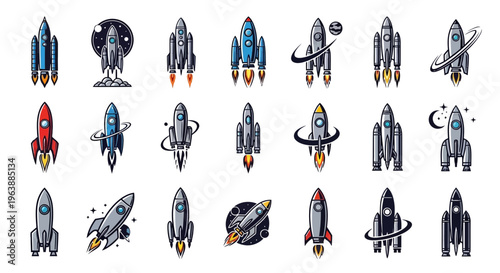 Set of Various Rocket Ship Icons and Space Exploration Symbols