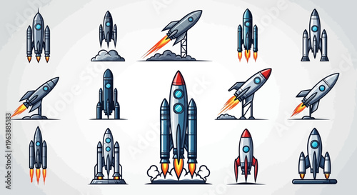 Set of Cartoon Rocket Ship Icons and Space Exploration Symbols