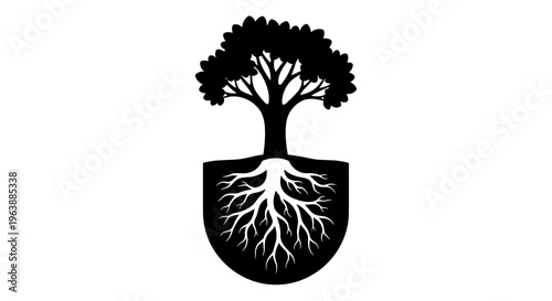 A black silhouette of a tree with visible roots in a shield shape on a white background.