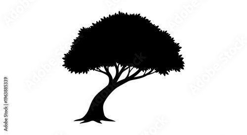 A simple black silhouette of a tree with a curved trunk on a white background.