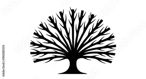 A simple black silhouette of a tree with bare branches on a white background.