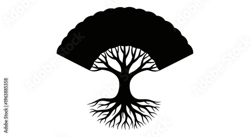 A simple black silhouette of a tree with visible roots and branches against a white background.