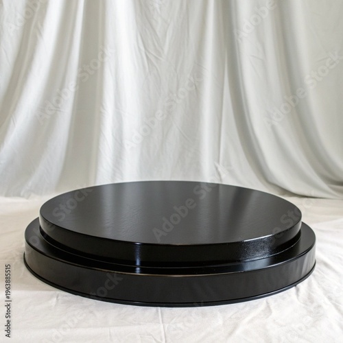 Luxury Black Round Product Podium with White Silk Backdrop