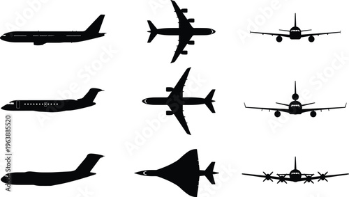 Airplane silhouettes set passenger aircraft jets and propeller planes front side and top view aviation 