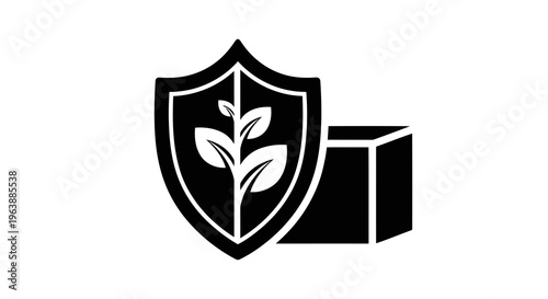 A black shield with a plant icon and a cube symbolizing protection and security.