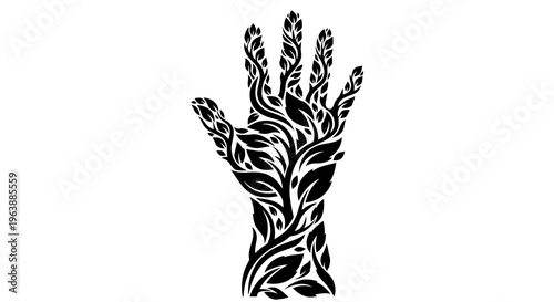 A black and white illustration of a hand with leaves and vines.