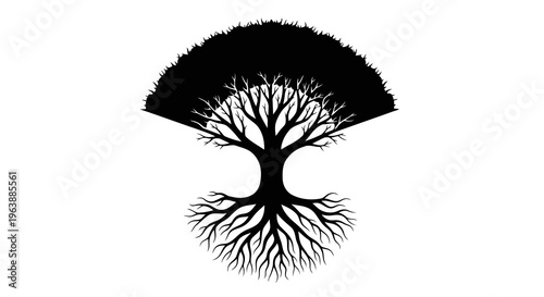 A black silhouette of a tree with extensive roots and branches against a white background.