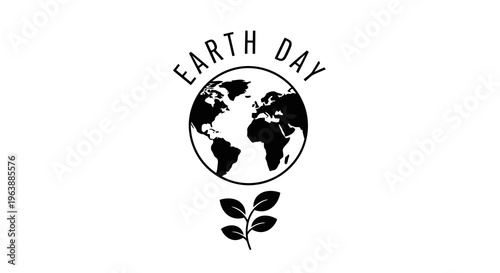 A simple black and white earth day logo featuring a globe and a sprouting plant.