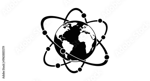 Representation of global interconnectedness through atomic structure and earth.