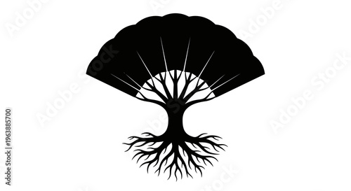 A black silhouette of a tree with visible roots and branches against a white background.