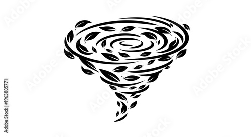 A black and white illustration of a tornado with swirling winds and debris.
