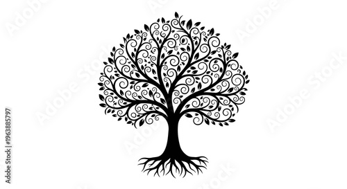 Intricate black tree illustration with swirling branches and roots on white background.