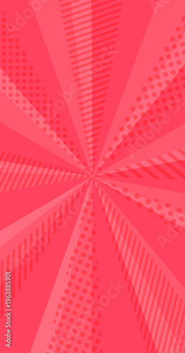 お洒落な赤の集中線背景。ドットとストライプの幾何学模様が重なるポップな光線。縦型スマホ用ベクター