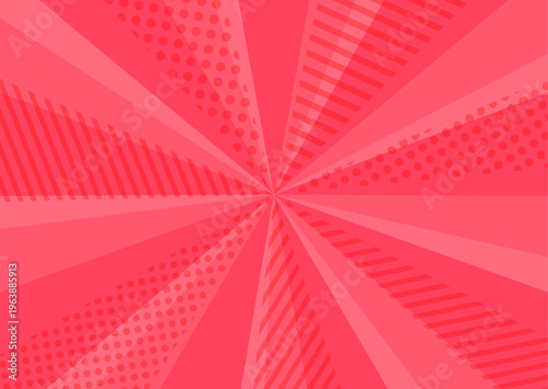 お洒落な赤の集中線背景。ドットとストライプの幾何学模様が重なるポップな光線。広告用ベクター