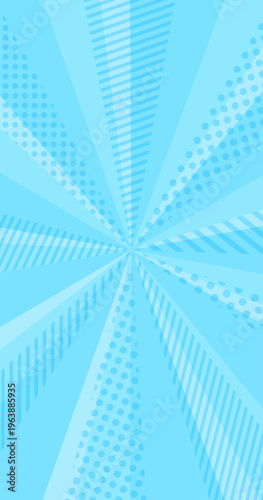 お洒落な水色の集中線背景。ドットとストライプの幾何学模様が重なるポップな光線。縦型スマホ用ベクター