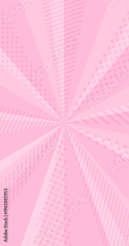 お洒落なピンクの集中線背景。ドットとストライプの幾何学模様が重なるポップな光線。縦型スマホ用ベクター
