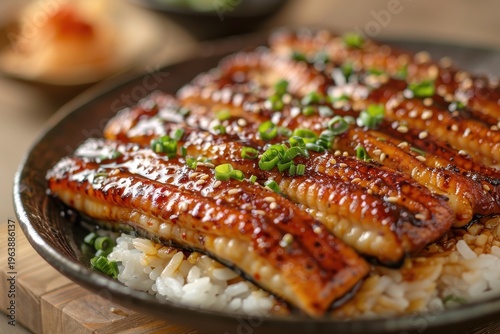 Grilled eel fillet with sauce and sesame on rice in bowl. Food photography. Japanese cuisine concept. Design for menu, poster, banner. Macro shot