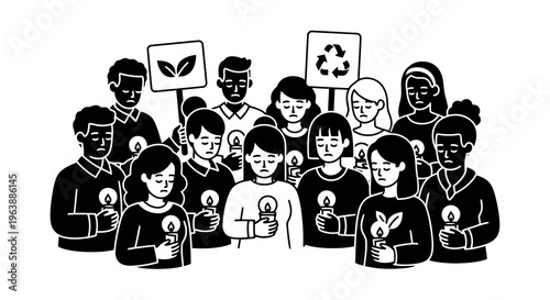 A group of people holding signs with environmental symbols and icons.