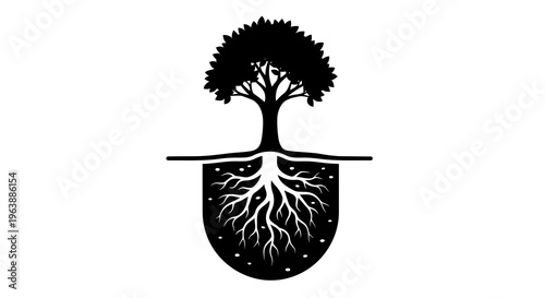 A simple black and white illustration of a tree with visible roots.