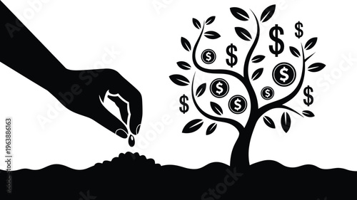 hand, silhouette, tree, seedling, dollar coins, symbols, planting, growth, finance, money, investment, business, economy, savings, wealth, black, wh hand planting dollar coin in tree with money leaves