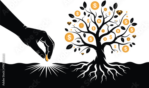 tree, money tree, hand, planting, coin, seedling, dollar coins, jewels, growth, finance, investment, wealth, prosperity, business, economy, sav Hand planting coin seedling with dollar coins and jewels
