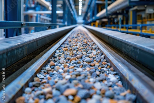 Industrial conveyor belt transporting small stones inside factory. Industrial photography. Manufacturing and production process concept. Design for banner, poster, wallpaper. Perspective view