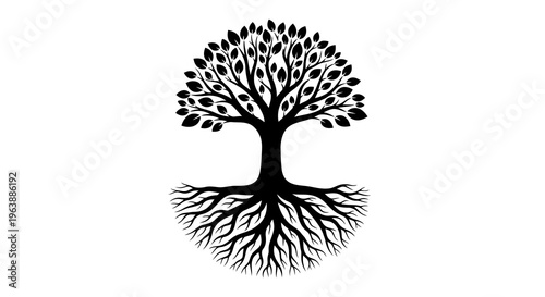 A simple black silhouette of a tree with visible roots and leaves on a white background.