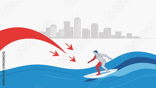 Surfer riding wave near city skyline