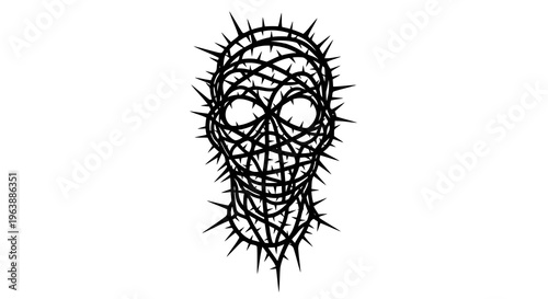 A haunting black and white illustration of a thorny skull on a plain white background.