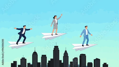 Business people on paper planes