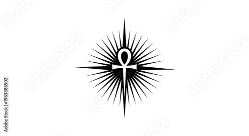 Ancient egyptian symbol surrounded by radiating lines and shapes in black on white