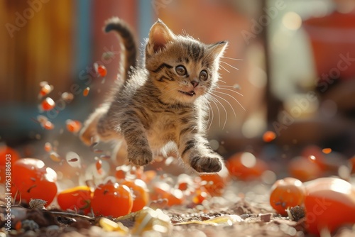 Kitten jumping over scattered tomatoes on ground. Action pet photography. Playful behavior concept. Design for poster, wallpaper, print. Low angle view