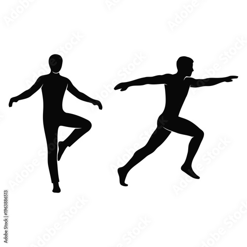 Two black silhouettes of men in dynamic yoga poses vactor file