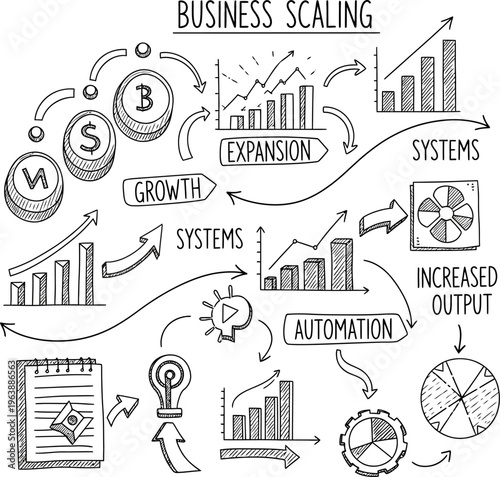 Visualizing the journey of business expansion and growth through scaling, automation, and increased output for improved systems