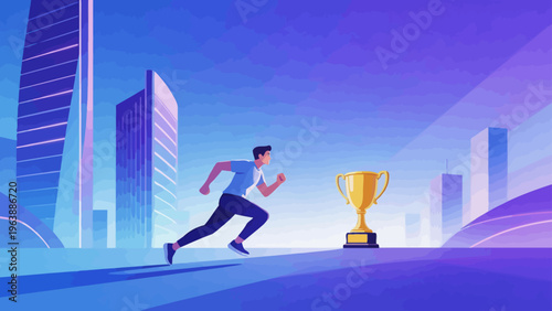 Man running towards trophy in city