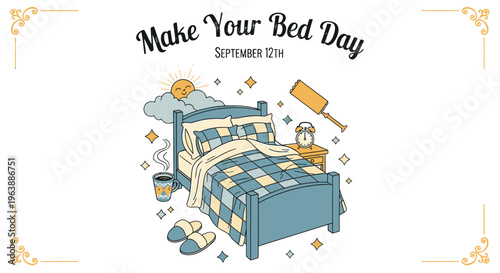 Cartoon Bed with Teddy Bear and Slippers.